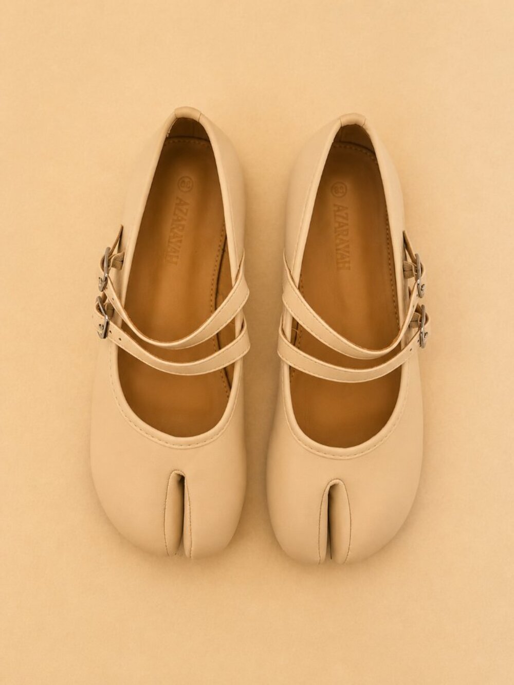Tabi Split Tow Cream Split-Toe Mary Jane Flats with Double Buckle - Picture 4 of 6